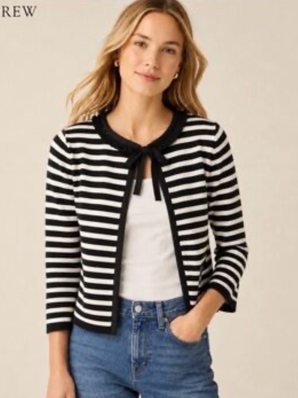 J. CREW Cotton Knit Black and White Striped Ribbon Tie Cardigan Size XS